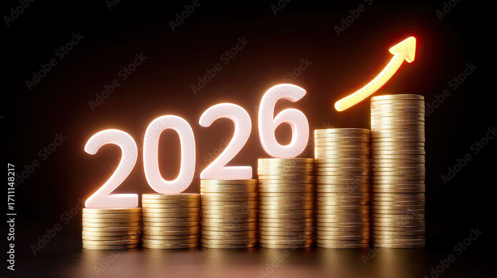 Poster conceptual representation of financial growth with stacks of coins and upward arrow indicating progr