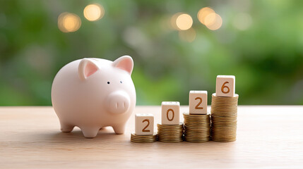 Closeup shot of piggy bank next to stacks of coins and number blocks representing year 2026, symbolizing savings and financial planning