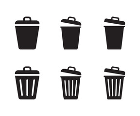 Minimal Trash Bin Icon Set, Vector Garbage Can Silhouette Collection