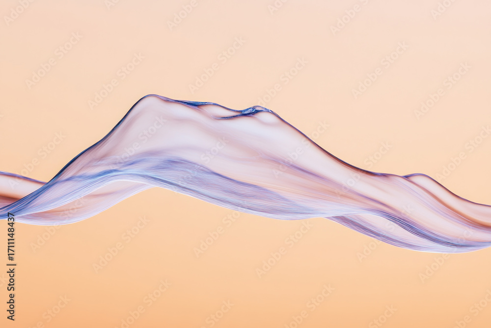 Poster abstract flowing fabric wave suspended against a warm peach background, soft gradients and transluce
