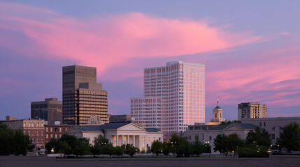 Fototapeta premium Stunning cityscape featuring modern corporate office towers illuminated by last light of day, with beautiful pink and purple sky. scene captures essence of urban life and architecture