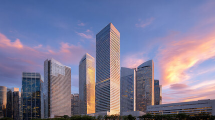 Obraz premium Modern skyscrapers reflect sunlight during sunset, showcasing stunning skyline with vibrant colors in sky. architectural design highlights beauty of urban development