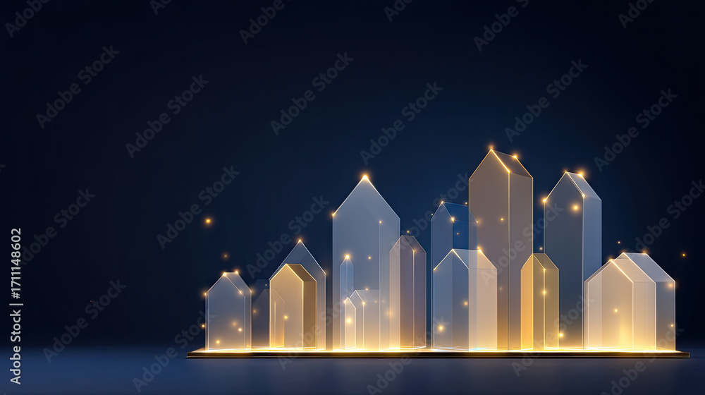 Poster digital representation of modern buildings with glowing outlines, showcasing futuristic cityscape. d