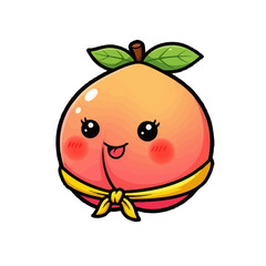 Obraz premium Cute cartoon peach character with big eyes, rosy cheeks, and a yellow ribbon tied in a bow around its waist