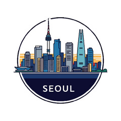 Modern seoul skyline illustration in a circle, featuring iconic skyscrapers and namsan tower, representing the vibrant capital city south korea