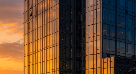 Fototapeta premium Golden Hour Reflection on Modern Office Building