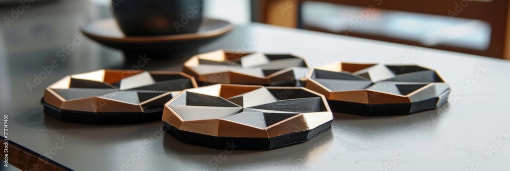 Poster these coasters stand out with their sharp geometric designs adding a unique touch to any coffee tabl