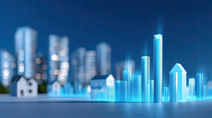 Obraz premium Futuristic AI hologram showcasing real estate with glowing buildings and data visualization, creating innovative urban landscape. scene evokes sense of modernity and technology