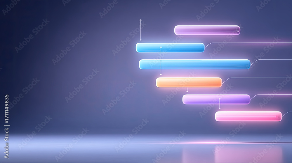 Poster futuristic workflow scheduling with colorful holographic elements on sleek background, showcasing mo