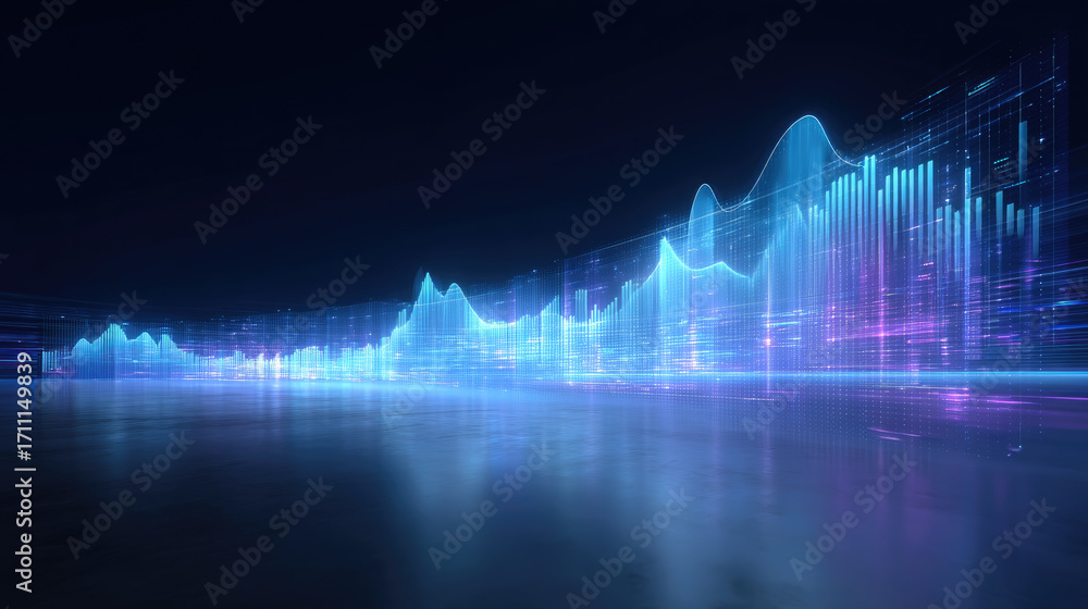 Poster futuristic data visualization showcasing vibrant analytics with glowing lines and bars representing 
