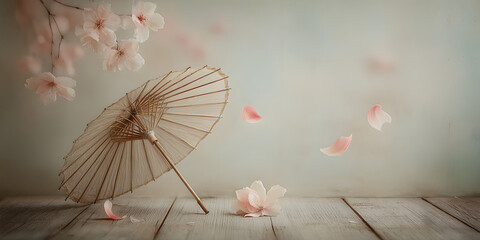 Serene Sakura Scene: A delicate Japanese parasol rests gracefully amidst a swirl of cherry blossom petals, evoking tranquility and the ephemeral beauty of spring. 