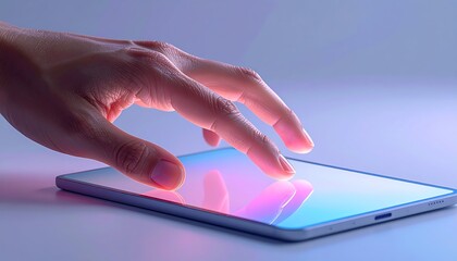 Digital 3D tablet icon with glossy gradient reflection and hand interaction