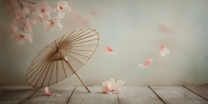 Serene Sakura Scene: A delicate Japanese parasol rests gracefully amidst a swirl of cherry blossom petals, evoking tranquility and the ephemeral beauty of spring. 