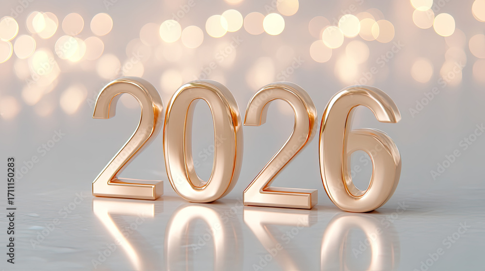 Poster Golden metallic numbers 2026 standing on smooth surface, reflecting light with soft bokeh background, creating festive and celebratory atmosphere