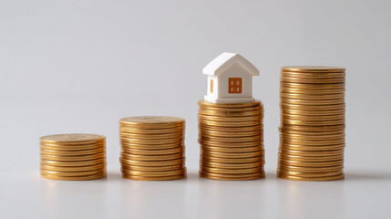 Stack of golden coins with miniature white house on top symbolizes investment and growth in real estate. This conveys idea of financial success and stability