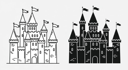 Fototapeta premium A graphic illustration of a fairy tale castle in both outline and solid black formats.