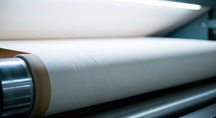 Modern industrial machine smoothly processing continuous roll of white paper material, advanced manufacturing technology for efficient large scale production