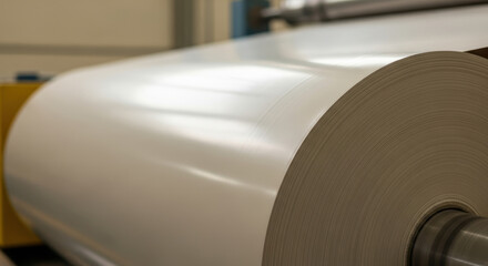 Large industrial paper roll on production machine for packaging manufacturing in modern factory environment, ready for processing and conversion