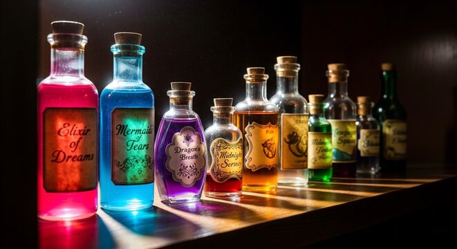 A mystical array of small, labeled glass bottles filled with glowing, colorful potions, including "Elixir of Dreams," "Mermaids Tears," and "Dragons Breath," on a wooden shelf.
