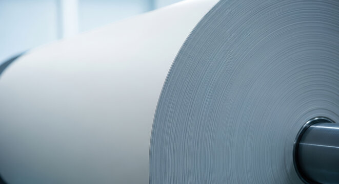Large industrial paper roll produced in modern factory, showcasing smooth white surface and detailed spiral lines on steel cylinder for commercial manufacturing