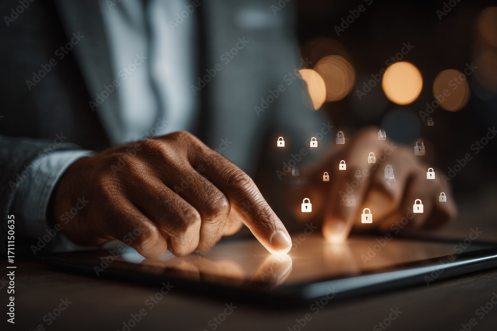 Poster close up of hands typing on a tablet with glowing padlock icons, symbolizing cybersecurity, data pro