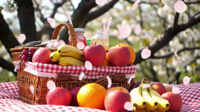 Romantic spring picnic setting with a basket of fresh fruit under blooming cherry blossom trees - Powered by Adobe