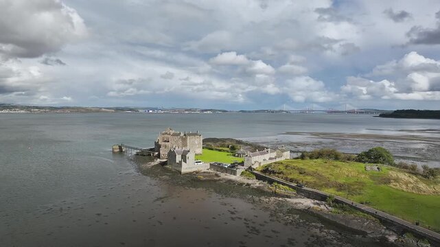 Blackness Castle over Forth Estuary from a drone, Blackness, Scotland