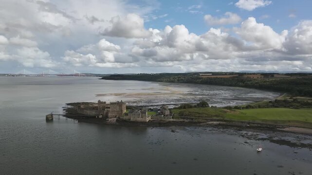 Blackness Castle over Forth Estuary from a drone, Blackness, Scotland
