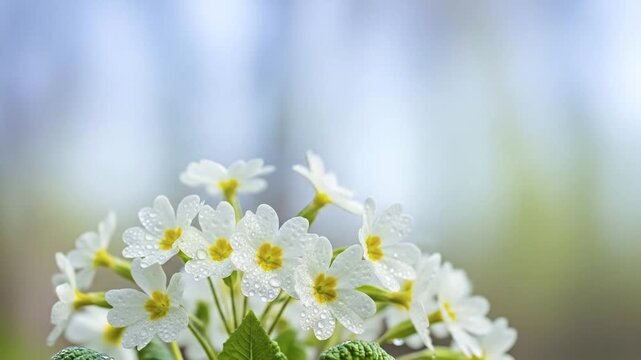 White primrose flowers with yellow centers covered in water droplets against a blurred blue and green background