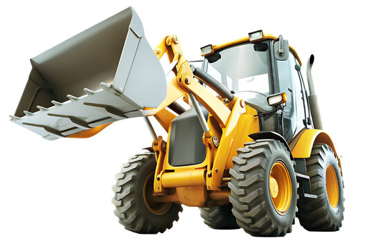 Yellow backhoe loader with raised bucket against a solid black background showcasing heavy construction equipment