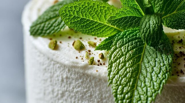 Close up of a dessert topped with fresh mint leaves and sprinkled with brown crumbs and green nuts
