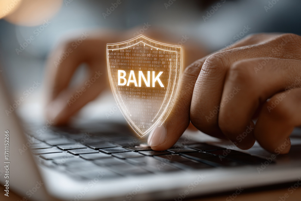 Poster close-up of hands on a laptop with a translucent shield labeled bank hovering over the keyboard, sym