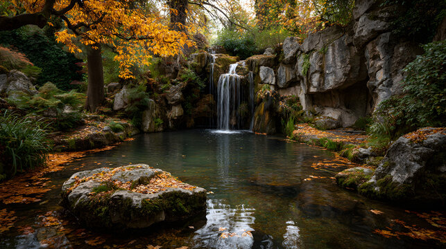 Autumn waterfall in a rocky grotto