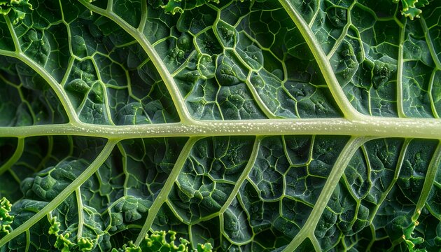 A macro ultra hyper realistic close-up of the intricate patterns of a kale leaf.