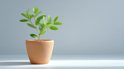 Fototapeta premium Single young plant in terracotta pot, showcasing vibrant green leaves against soft gray background, evokes sense of tranquility and freshness