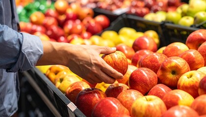 Cinematic close-up of a person selecting fresh apples in the grocery store, captured with dramatic lighting to emphasize vibrant color, texture, and the mindful act of choosing healthy produce