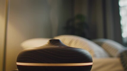 Modern dark wood aromatherapy diffuser creating a tranquil atmosphere for wellness and relaxation in a cozy bedroom