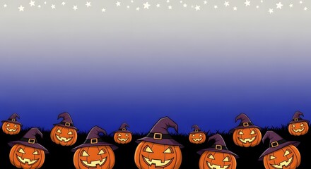Happy Halloween with Copyspace for text - Cartoon pumpkins with witch hats and stars in a festive scene