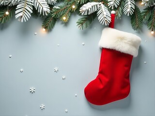 festive red Christmas stocking hanging on snowy fir branches, surrounded by delicate falling snowflakes, winter holiday background