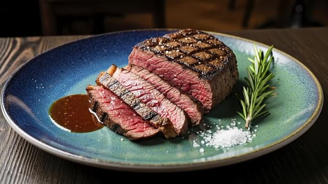 Sliced steak cooked medium rare on a patterned plate garnished with rosemary and salt with a brown sauce