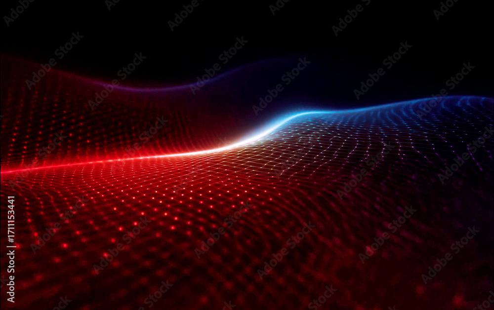 Poster abstract red and blue wave pattern with digital dots
