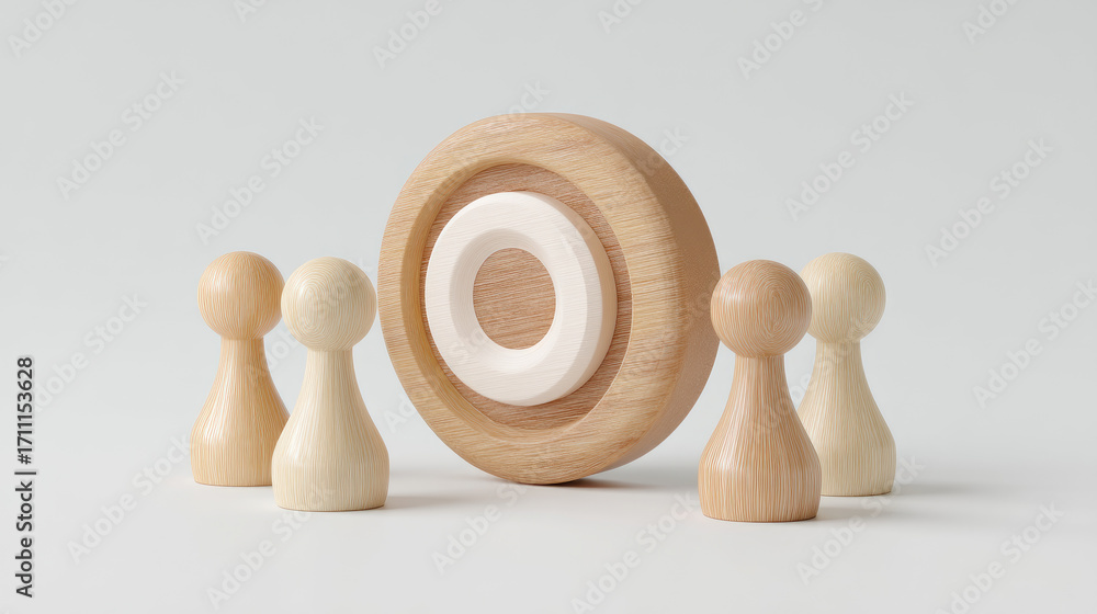 Poster teamwork and leadership concept with wooden figures surrounding target symbolizing collaboration and