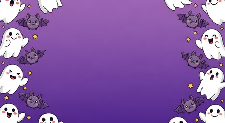 Happy Halloween with Copyspace Spooky Ghosts and Bats Border on Purple Background