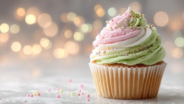 Delicious cupcake with swirled pink and green frosting and sprinkles on a festive background.