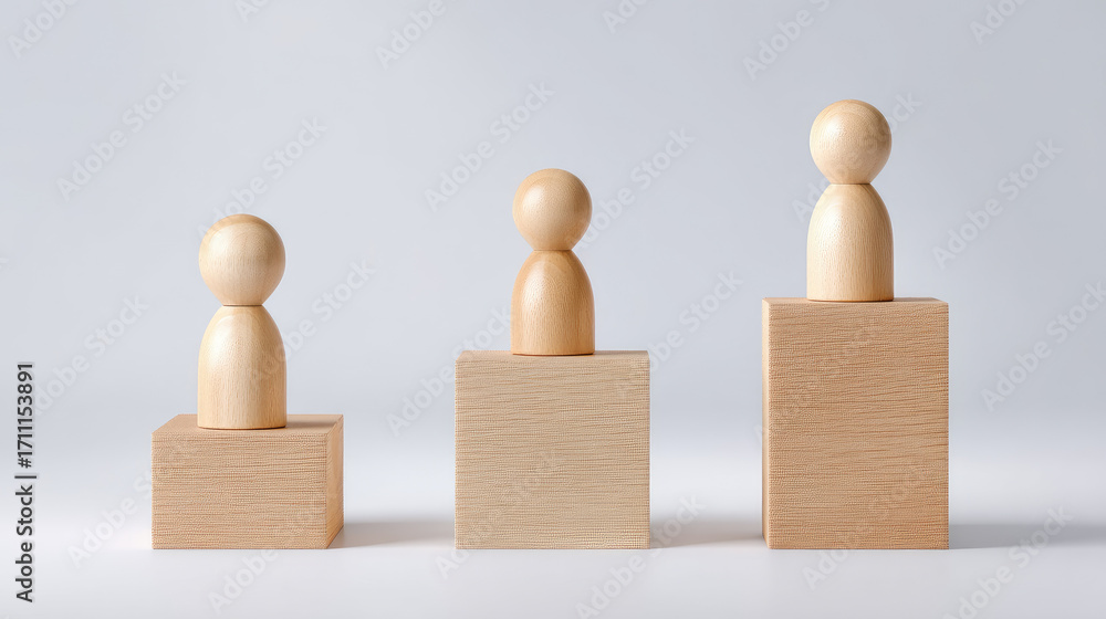 Poster three wooden peg figures placed on wooden blocks create minimalist and artistic display. varying hei