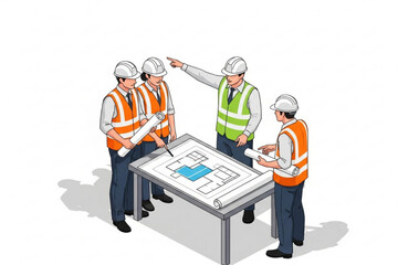 Construction Engineers Discussing Building Blueprint Vector Illustration
