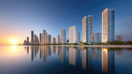 Obraz premium Stunning coastal skyline featuring modern skyscrapers reflecting in calm waters during sunset, creating serene and picturesque atmosphere