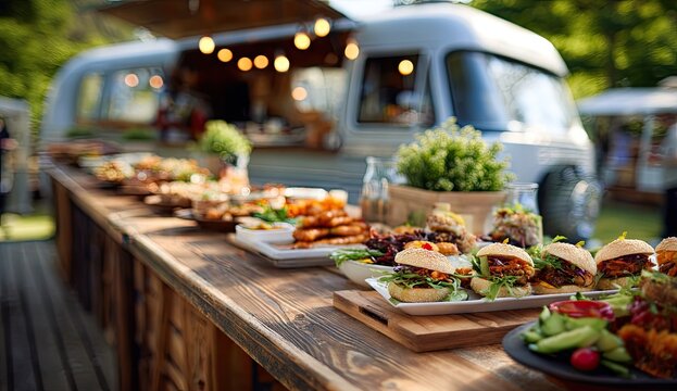 Outdoor food truck event serving a delicious variety of gourmet meals.