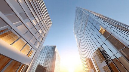 Modern skyscrapers reflecting sunlight in clear blue sky create stunning urban landscape. glass and steel structures showcase contemporary architecture and design