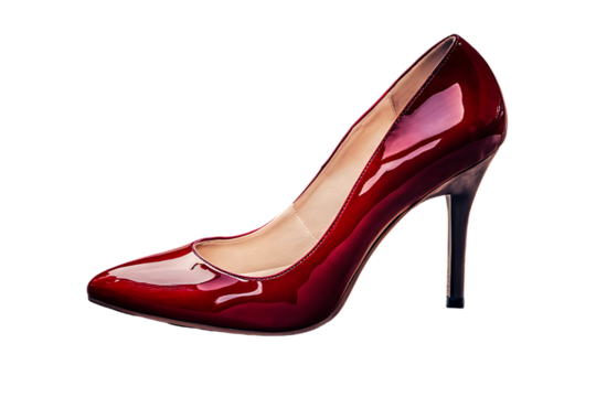 Elegant glossy red stiletto high heel shoe isolated on a dark black background studio shot